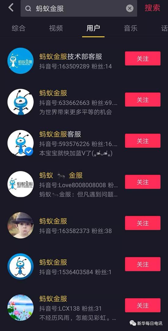 在抖音中以“螞蟻金服”等關(guān)鍵詞進行檢索，出現(xiàn)大量山寨官方賬號的用戶，具有一定迷惑性。（手機截屏）