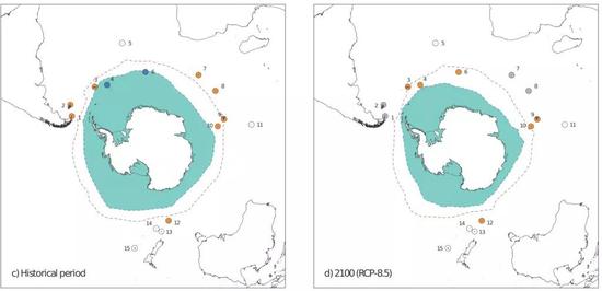 左圖為1981-2005年的情況，右圖為2100年的預(yù)測情況。圖中藍(lán)色陰影區(qū)域表示南極海冰的范圍，虛線表示鋒面的位置，不同數(shù)字代表南極大陸周圍的不同島嶼。島嶼的不同顏色的意義如下：橙色表示可以作為企鵝的棲息地；灰色表示距離鋒面太遠(yuǎn)，無法作為棲息地；白色表示島上沒有企鵝；藍(lán)色表示島上太寒冷，不能作為棲息地。圖中8號(hào)島嶼代表科雄島所在的克洛澤群島，我們可以看到，目前該群島適宜王企鵝生存，但是到本世紀(jì)末，該島嶼就不再適宜王企鵝生存。圖片來源：參考文獻(xiàn)[6]